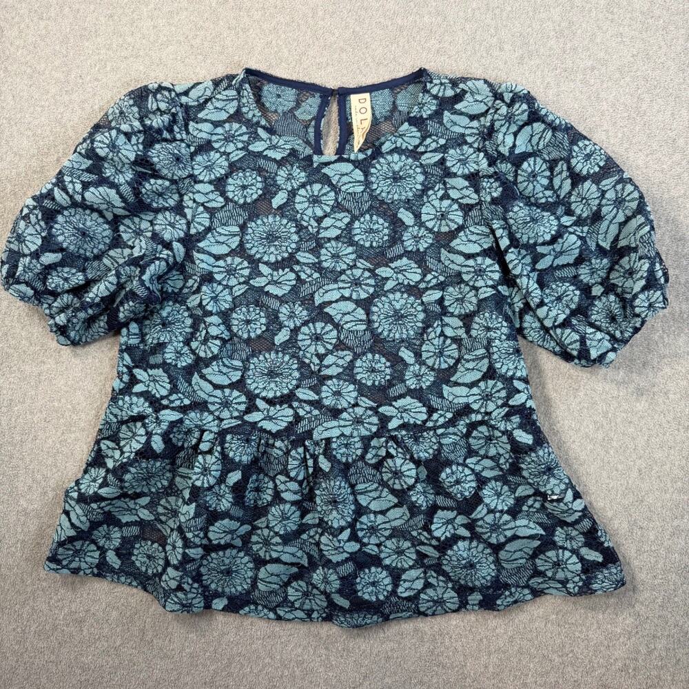 Dolan Women's Medium Blue Floral Lace Peplum Puff Sleeve Top Blouse Sheer